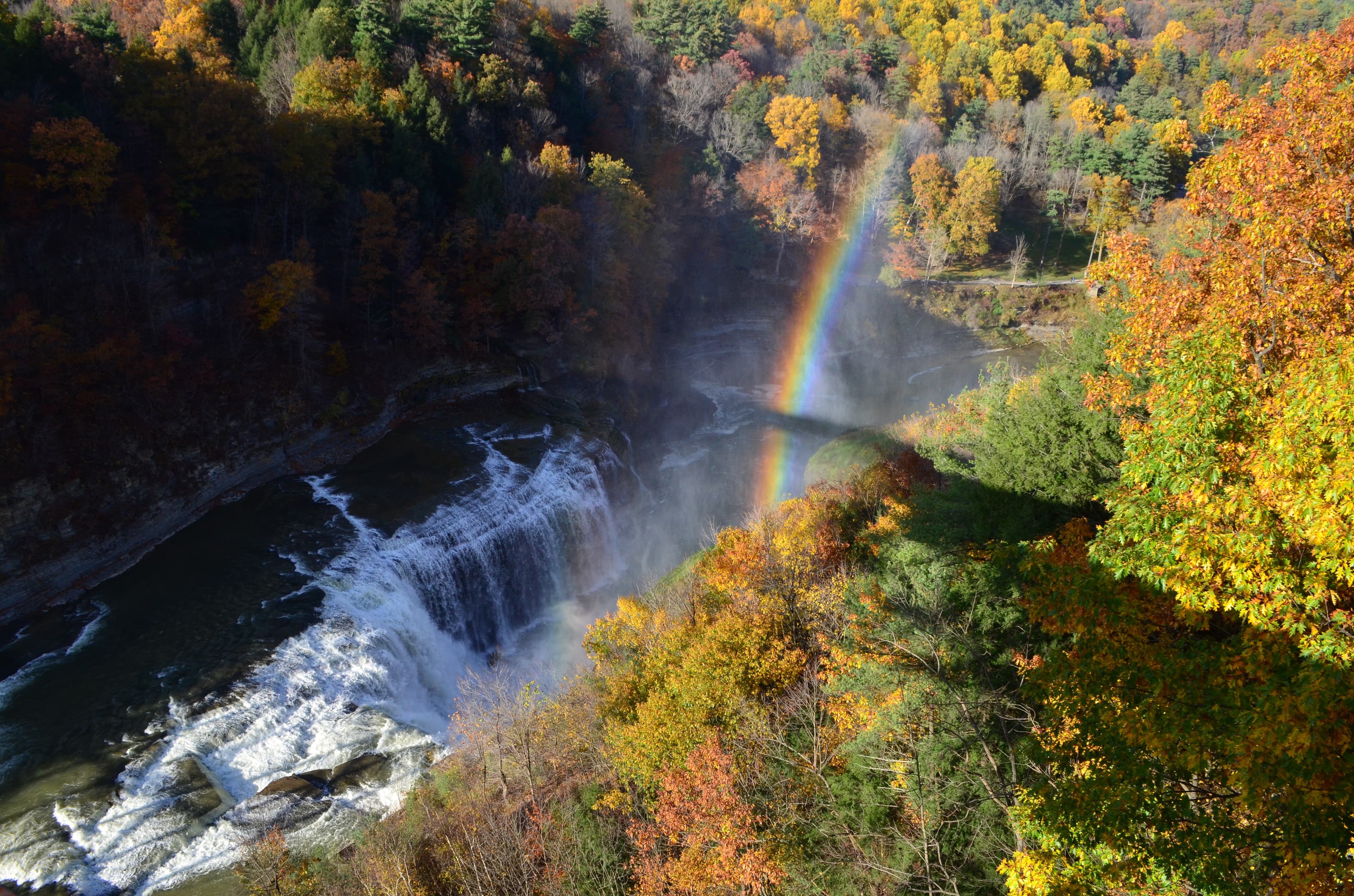 Upper Falls at Letchworth State Park surrounded by autumn foliage, viewed from the Portage Viaduct